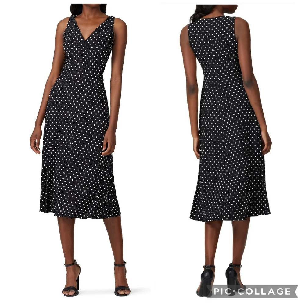 Lauren Ralph Lauren Yansila Polka Dot V-Neck Sleeveless Midi Dress Black White